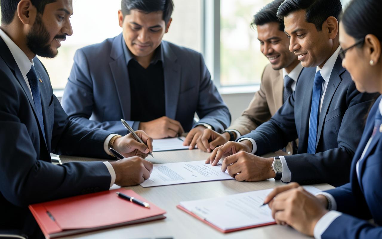 Business and legal professionals reviewing a commercial contract
